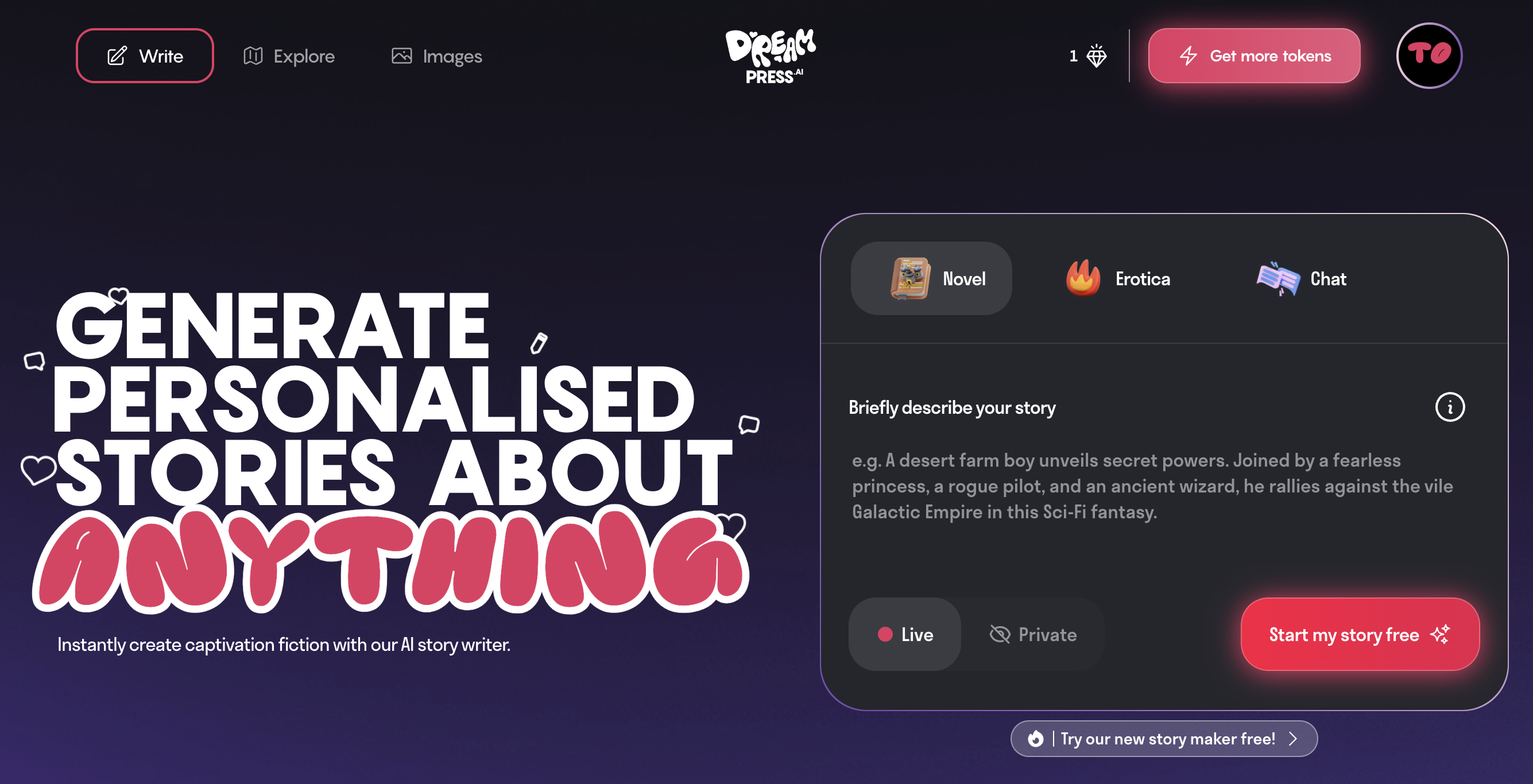 Screenshot of dreampress ai story generator