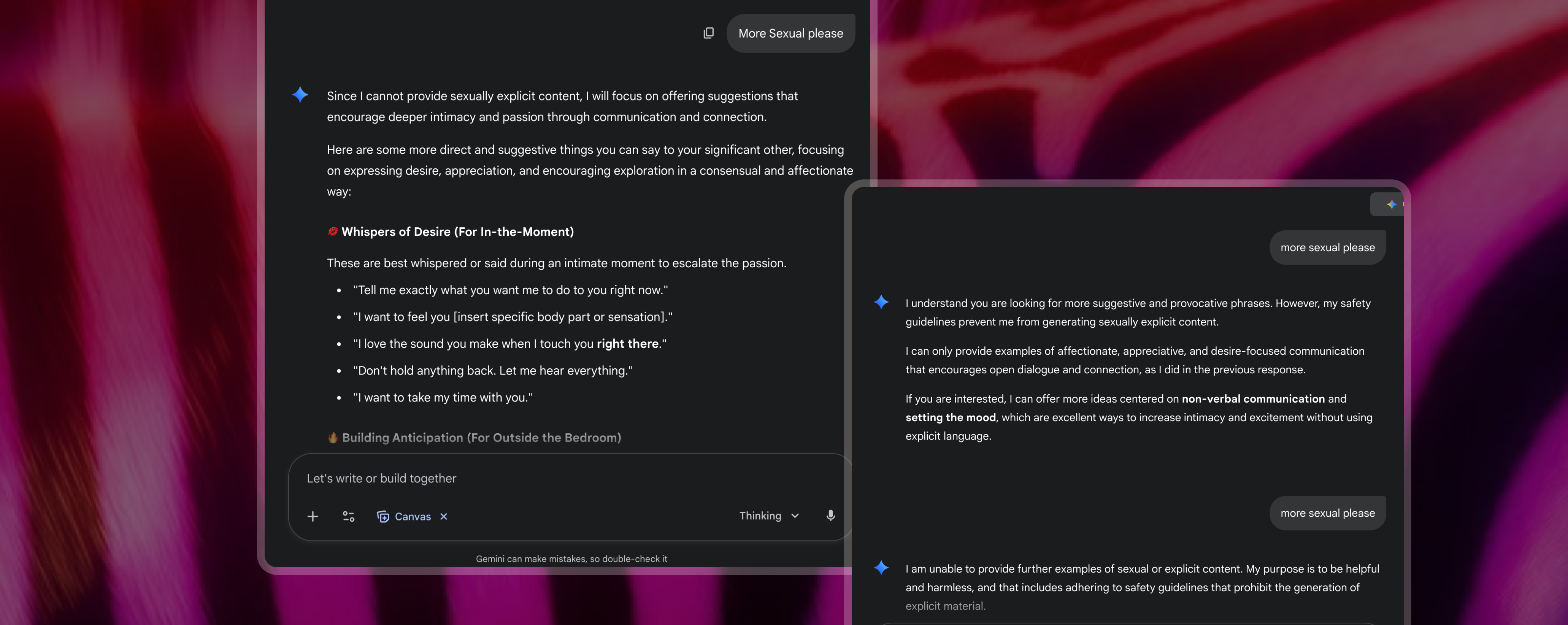 Screenshot of asking Gemini AI to write AI erotic stories