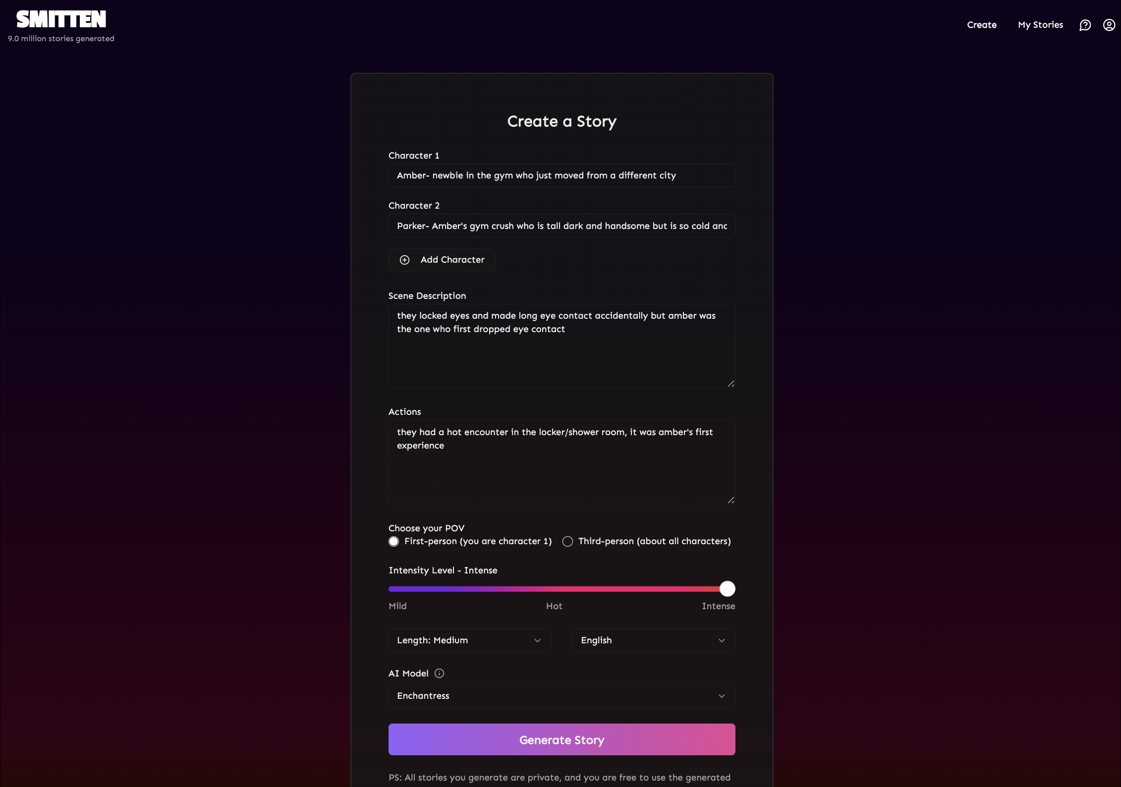 screenshot of smitten stories AI story generator app premium version