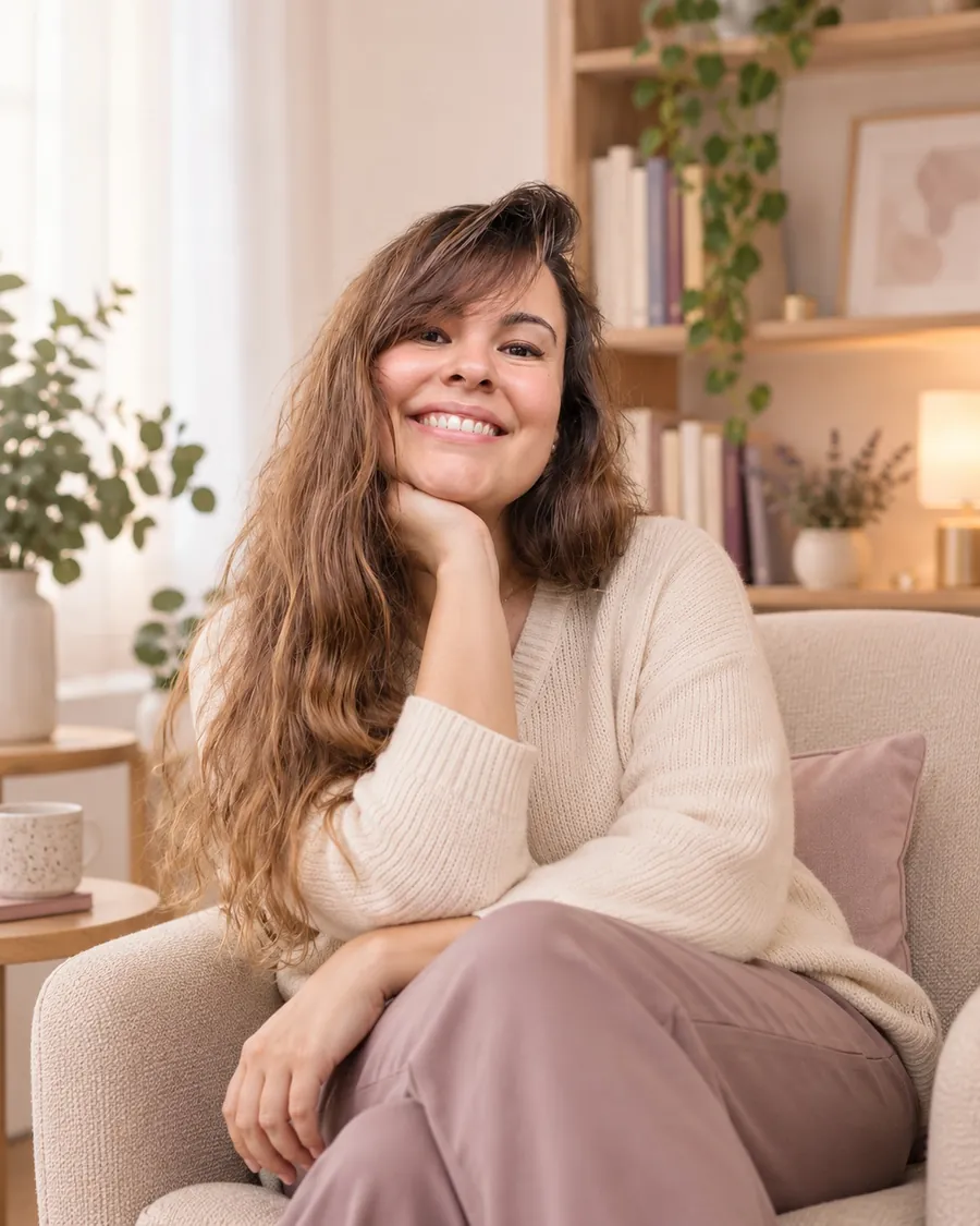 Irene sonriendo, sentada en un sillón