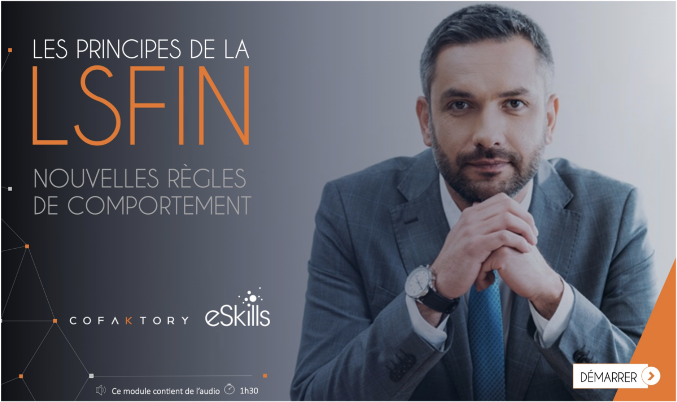 homme d'affaires assis face à la caméra qui se tient les mains avec une grosse montre, titre écrit les principes de la LSFin