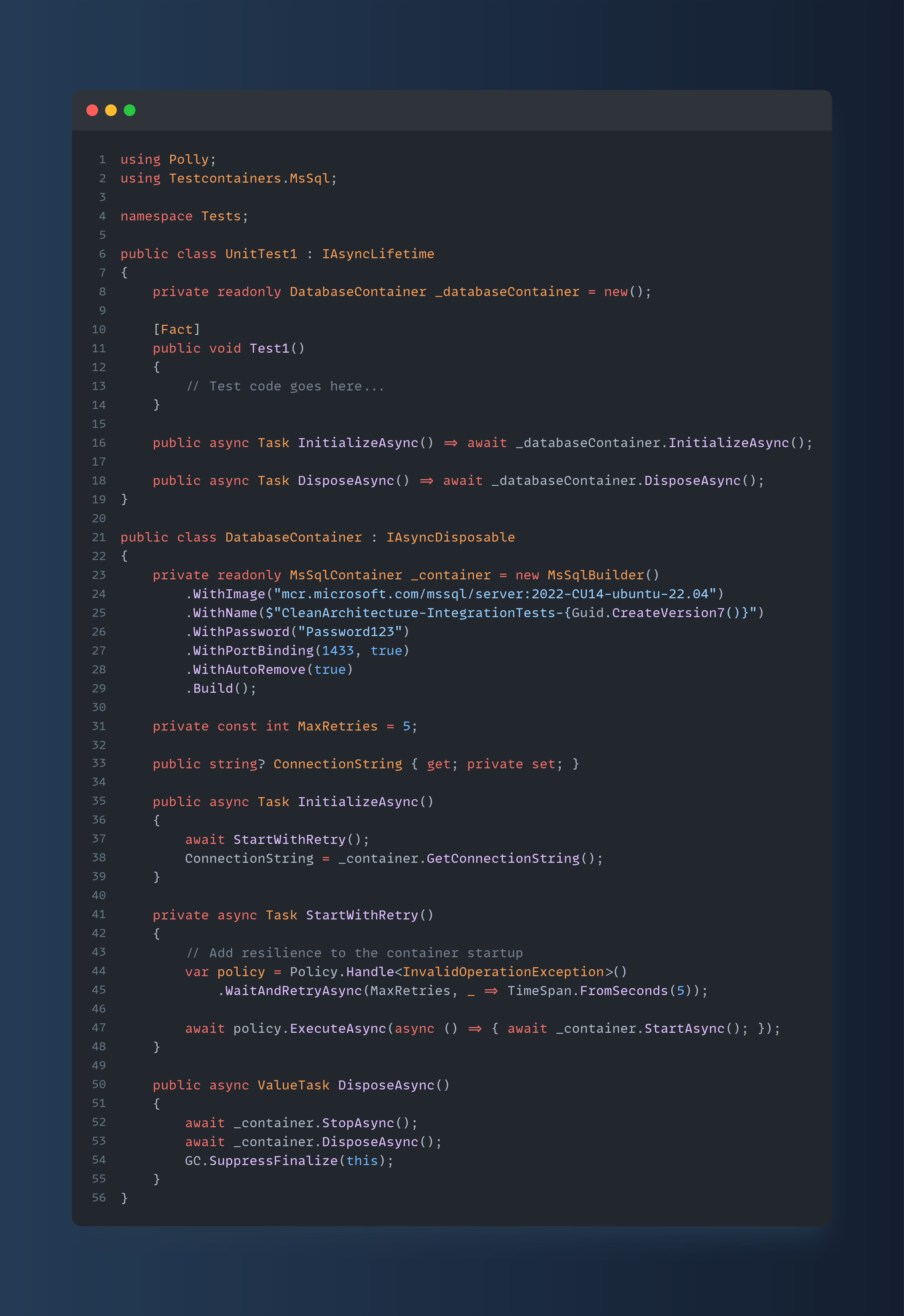 MsSqlBuilder from the .NET TestContainers library takes care of setting up your database container