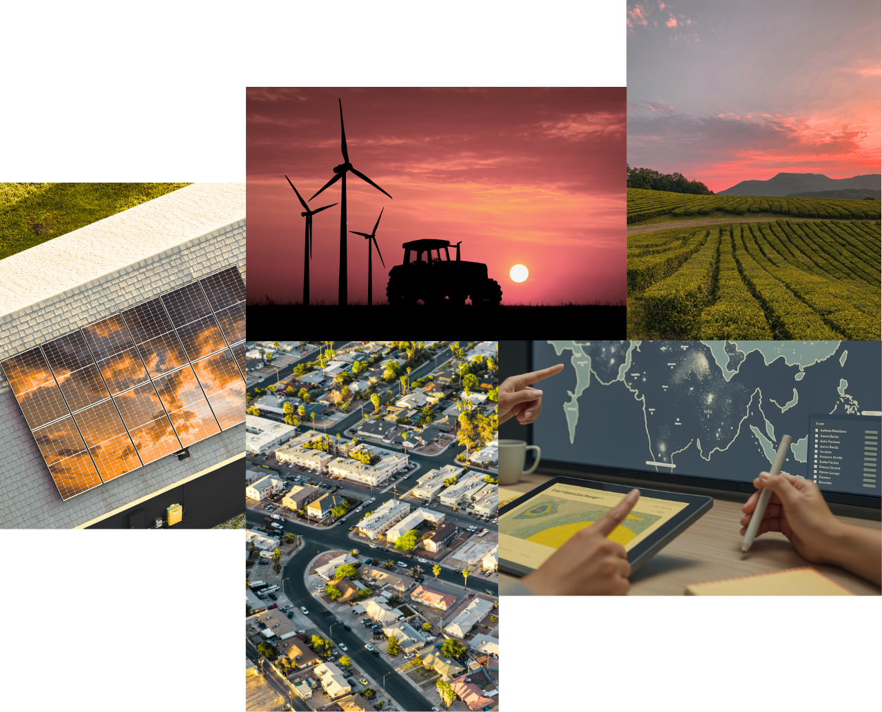 A collage of solar panels, wind turbines at sunset, farmland, a residential neighbourhood, and people using data tools