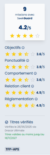 Écran du profil de l'agent mettant en valeur sa carte d'identité numérique avec la note globale en étoiles et le badge certifiant les diplômes validés.