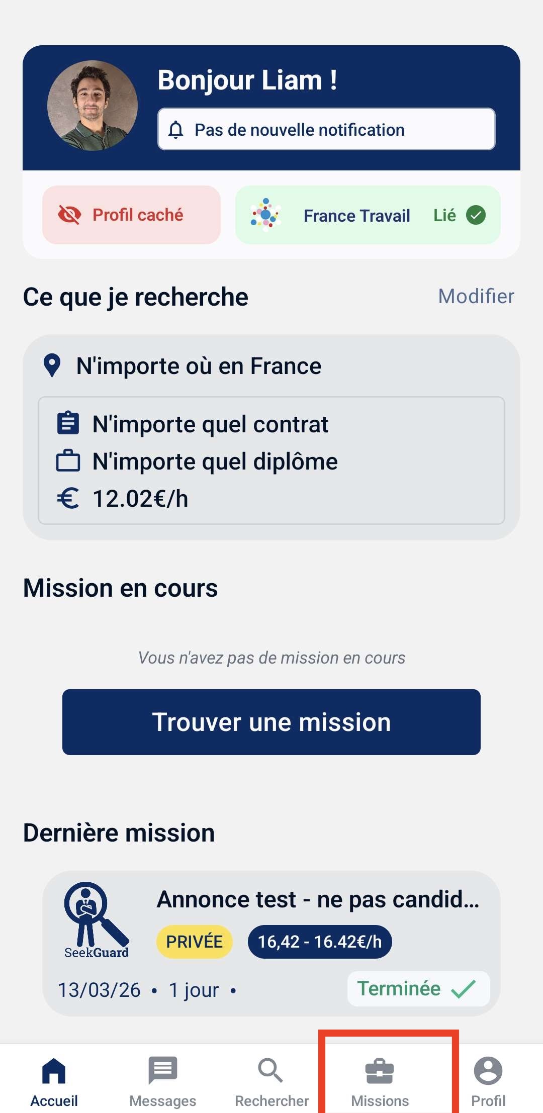 Écran d'accueil et encadrer Missions