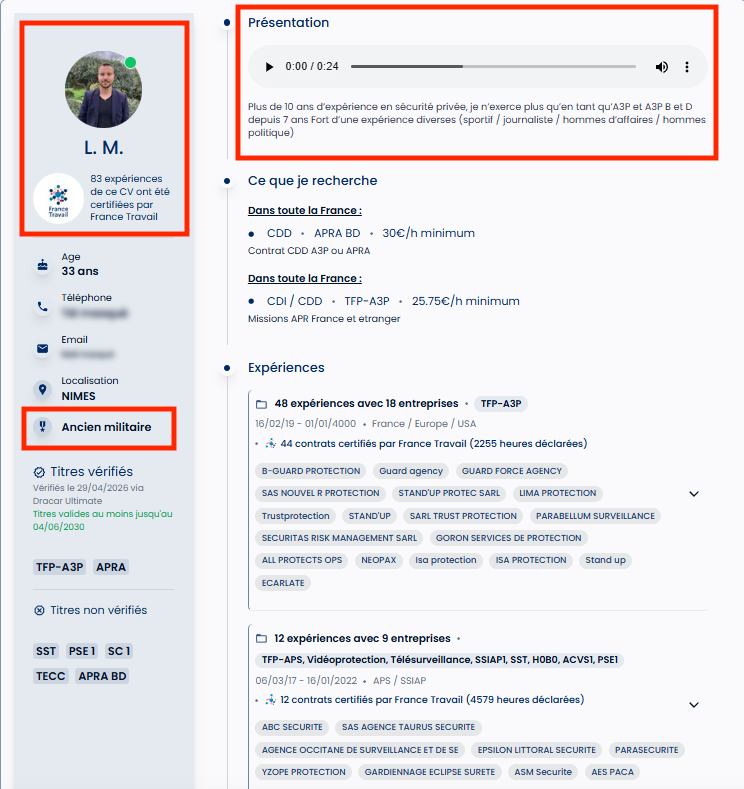 Haut d'un CV SeekGuard montrant l'en-tête de l'agent avec sa photo, la pastille FT, le badge ancien militaire et l'icône de présentation audio.