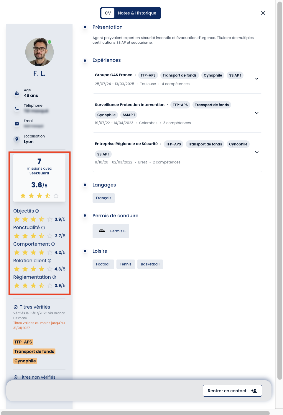 Section Expériences du CV avec étoiles/avis.