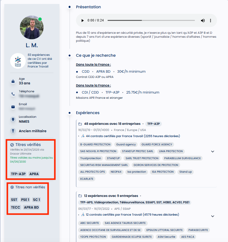 Section Diplômes du CV mettant en évidence un diplôme validé par le CNAPS avec un badge de certification, et un autre diplôme en statut déclaratif.