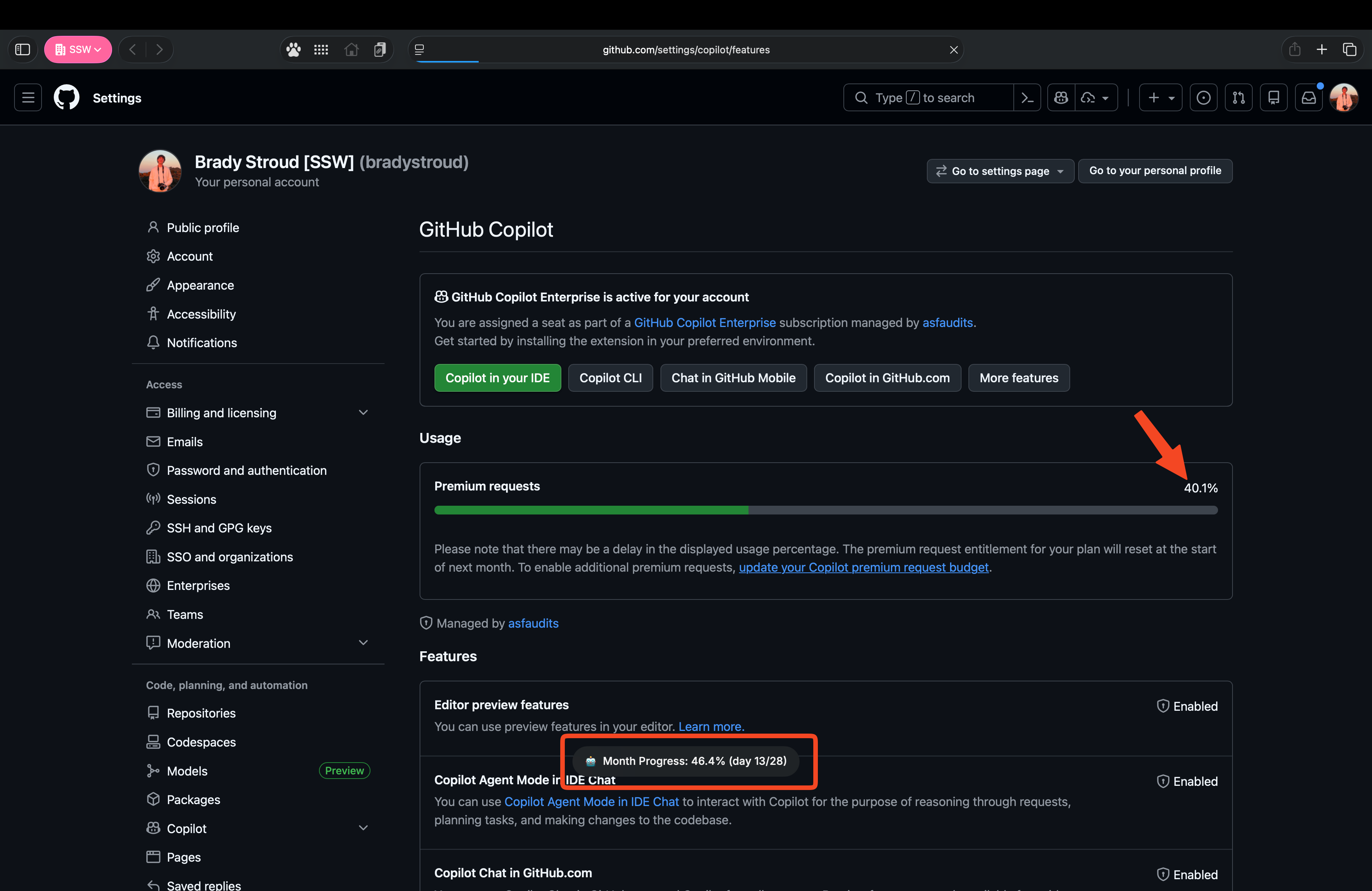 GitHub Copilot usage page after running the Script Command, with the month-progress notification visible