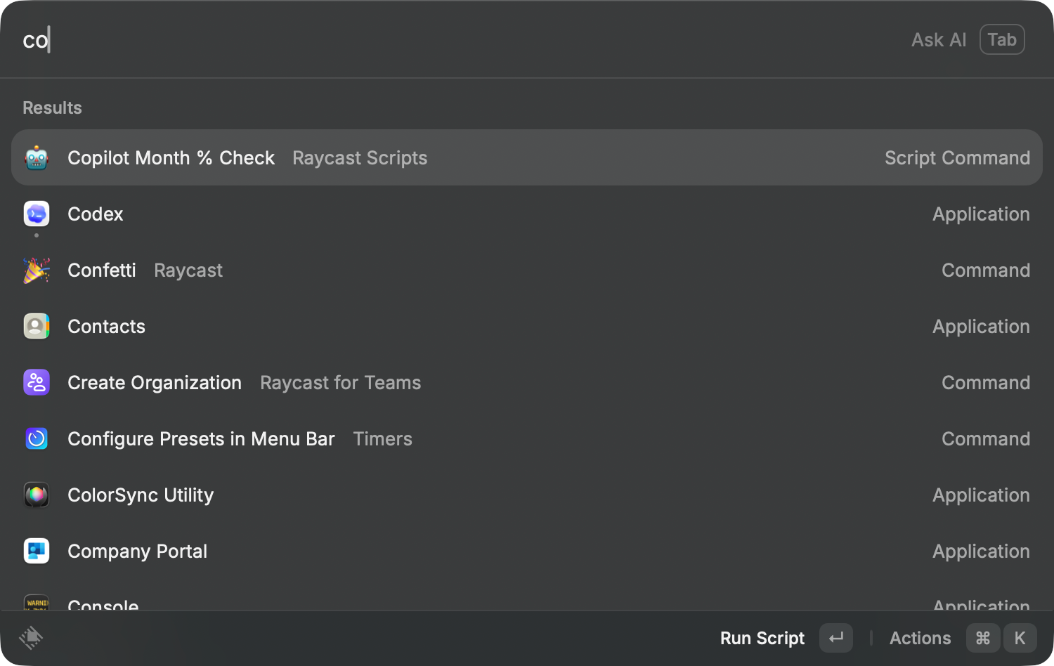 Raycast results after typing "copilot" showing the "Copilot Month % Check" Script Command
