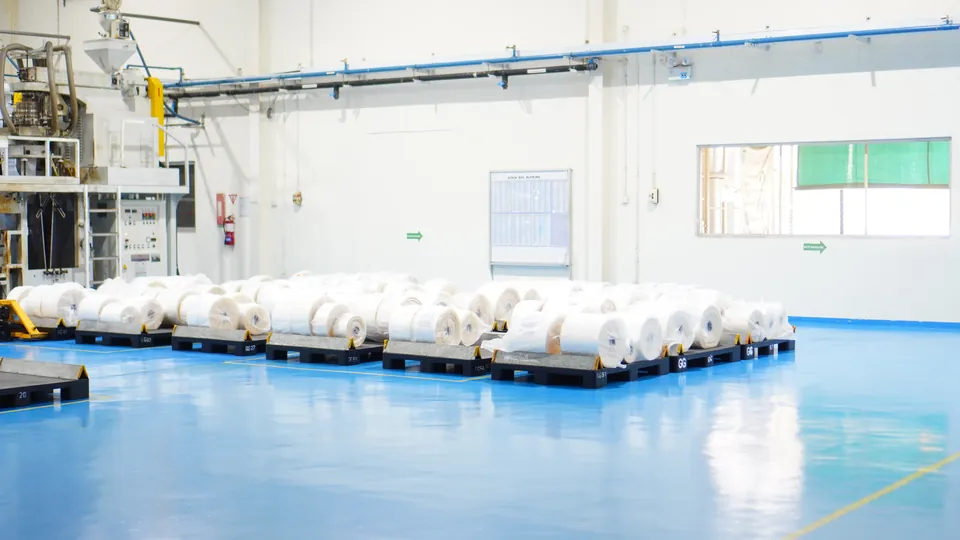 Labeled storage bins in PP packaging warehouse at Panbil Industrial Estate