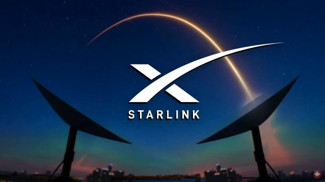 Two large satellite dishes with the Starlink logo in the center, positioned against a clear sky background.