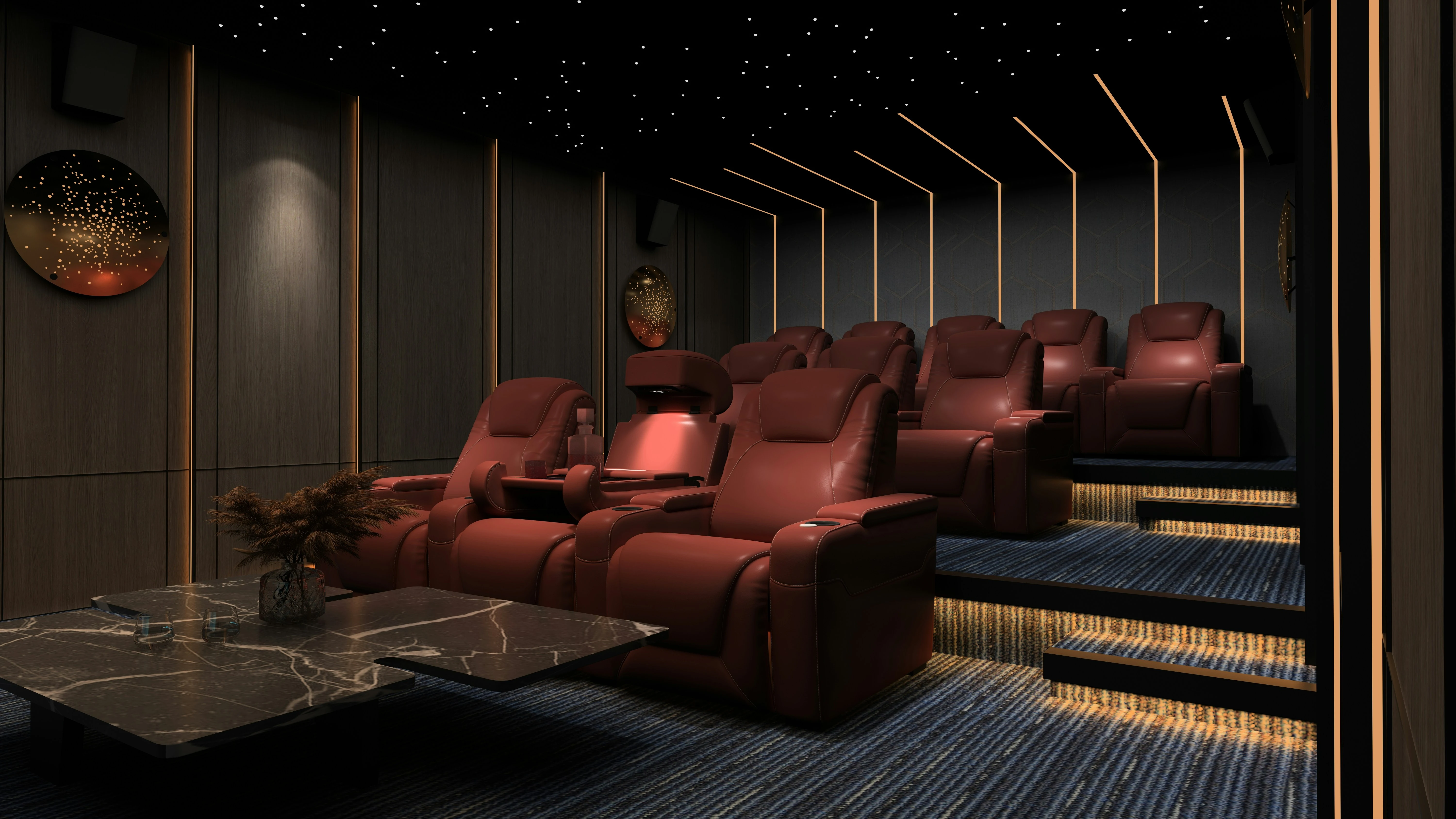 A cozy home theater featuring inviting brown chairs arranged facing a large screen.