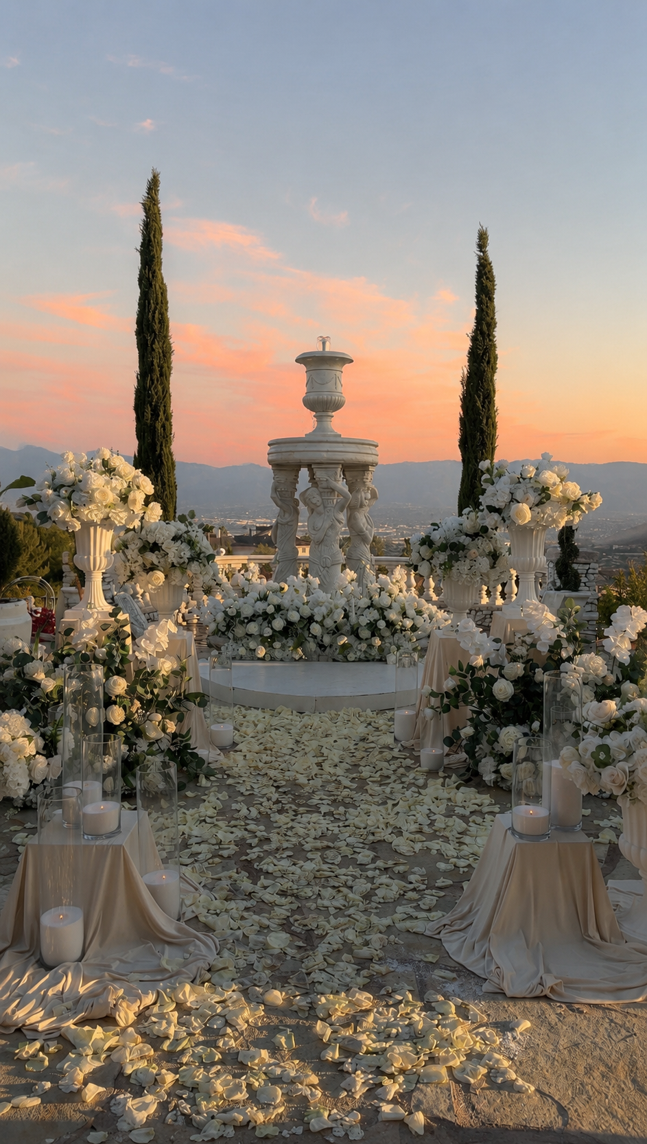 White proposal in front of a fountain in Norco