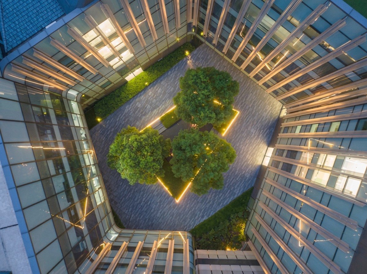 Pátio interno arborizado de edifício corporativo