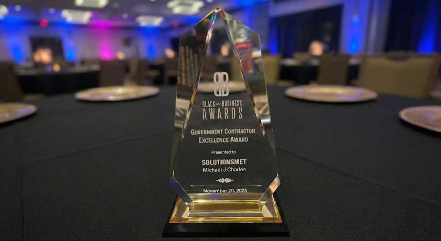 SolutionsMET’s Government Contractor Excellence Award trophy at the Black in Business Awards on November 20, 2025.