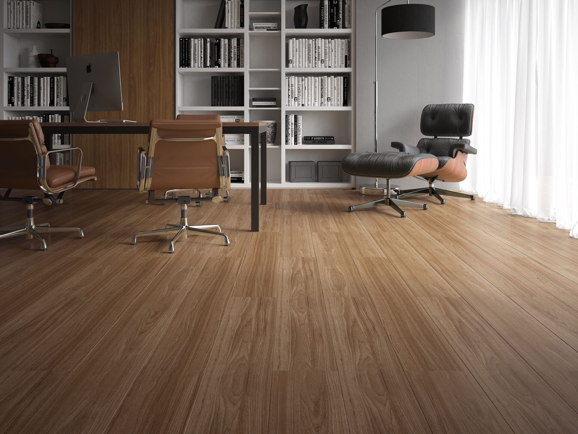 Sala de escritório com piso de madeira da Inspira Revest