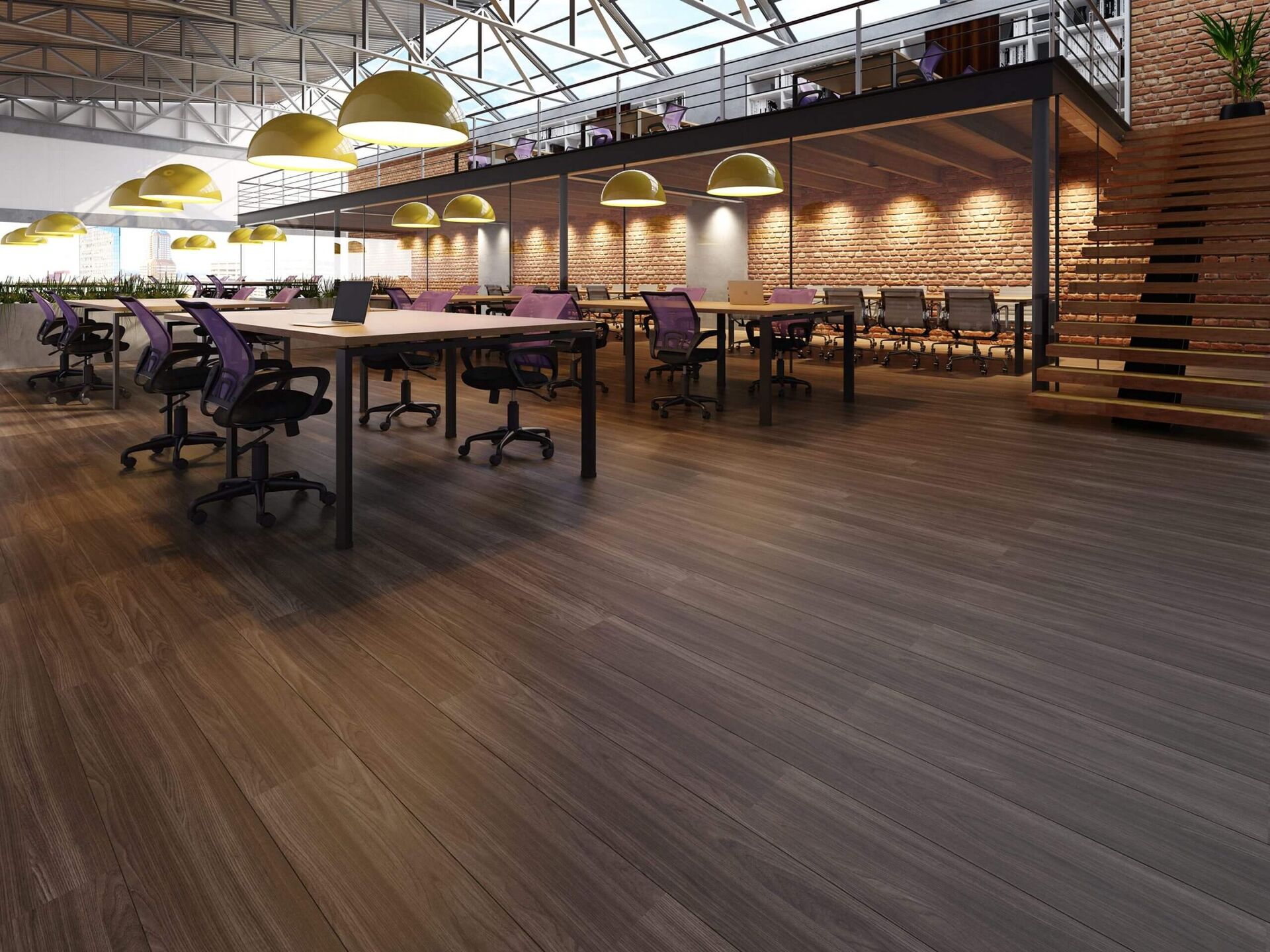 Piso laminado de madeira instalado em ambiente corporativo em Campinas pela Inspira Revest