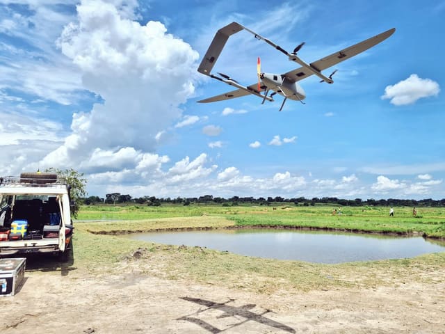 VTOL drone doing a LiDAR aerial survey