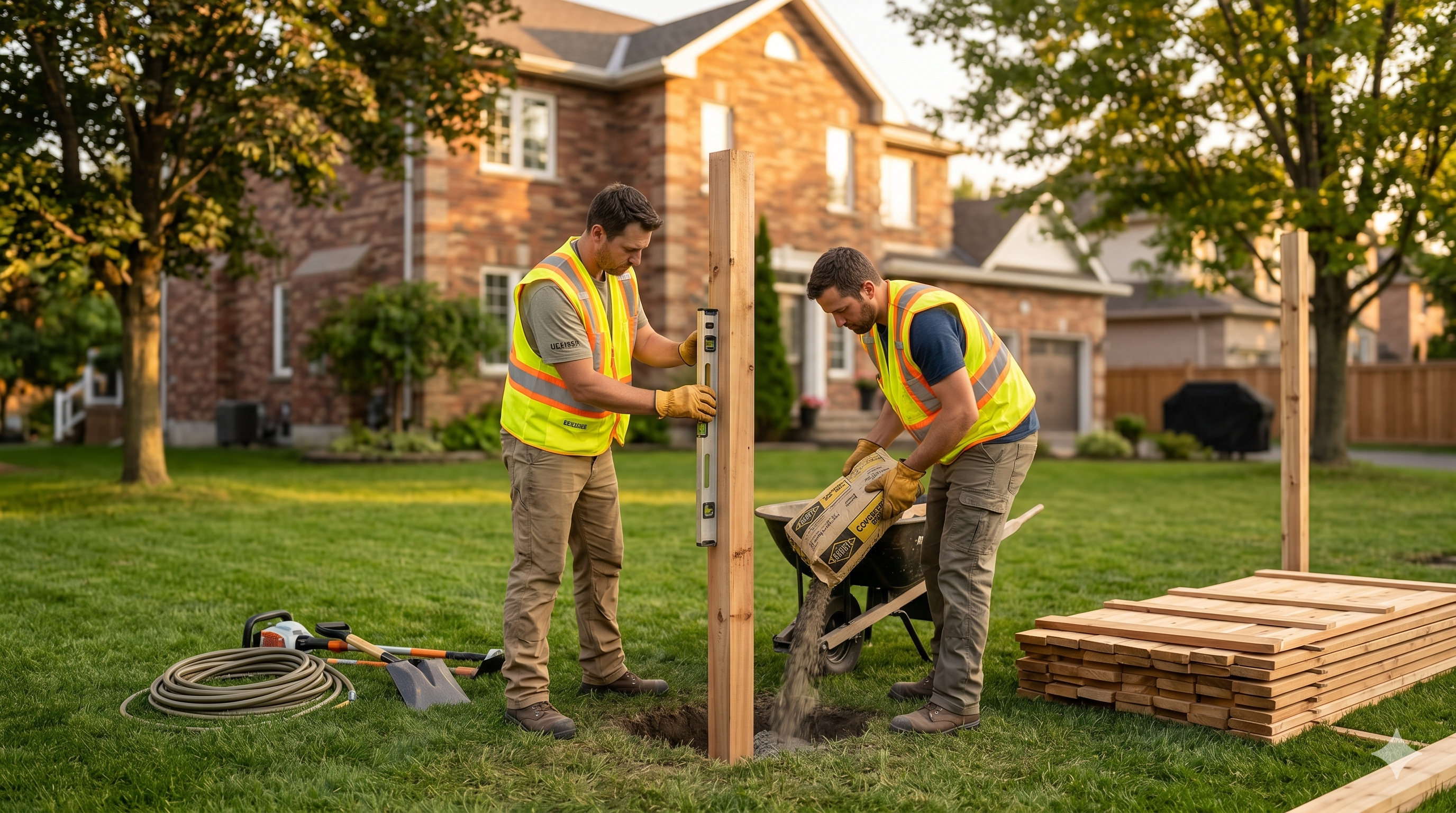 Wooden cedar fence with gate installation Ontario