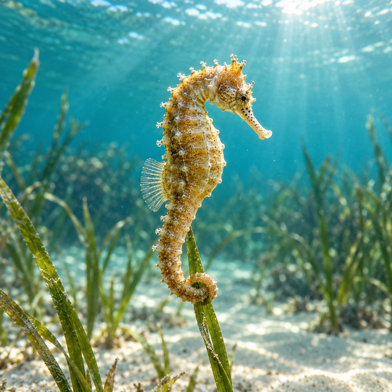 Golden seahorse holding seagrass in sunlit turquoise water