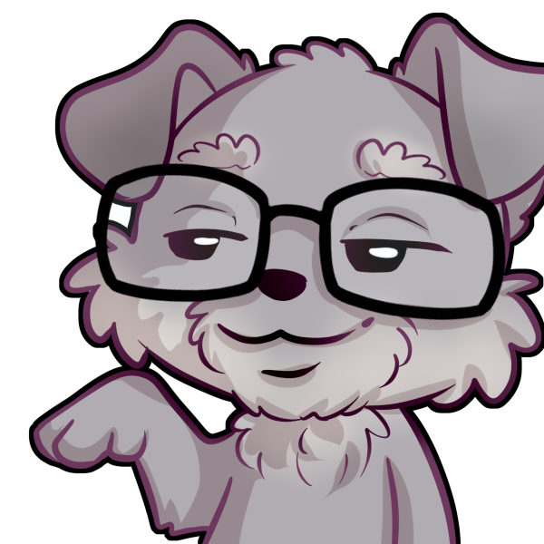 Cartoon dog emote wearing glasses with half-lidded eyes, slight smirk, and one paw raised with a confident limp wrist.