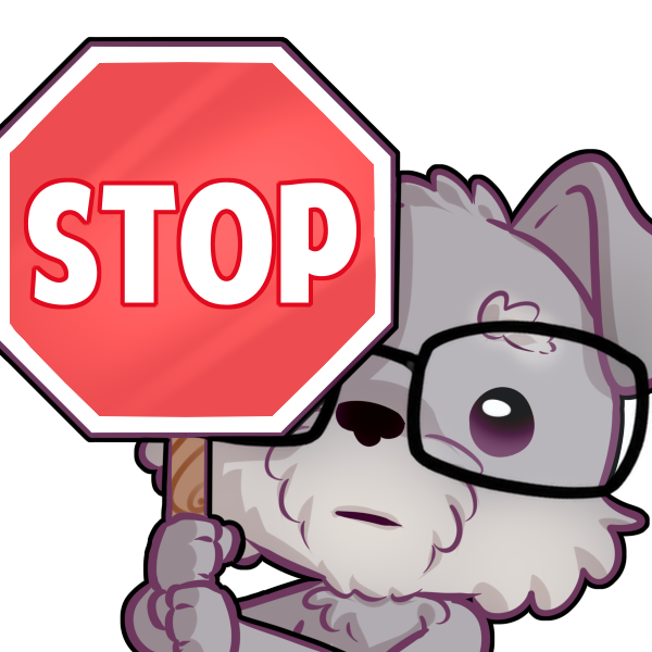 Cartoon dog with glasses holding a red stop sign, looking serious.