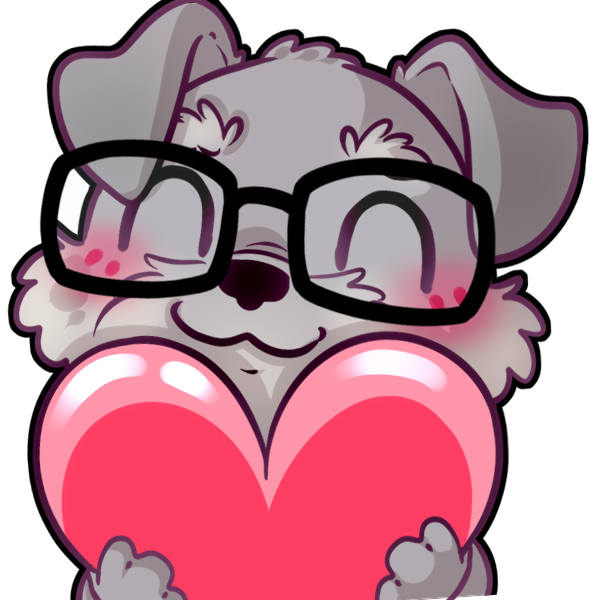 Cartoon dog emote with glasses hugging a large pink heart. The gray dog has a blushing, happy expression with closed eyes.