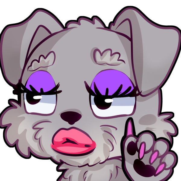 Cartoon dog emote with purple eye shadow, long lashes, pink puckered lips and a sassy facial expression. Holding up one paw with with long pink painted nails.