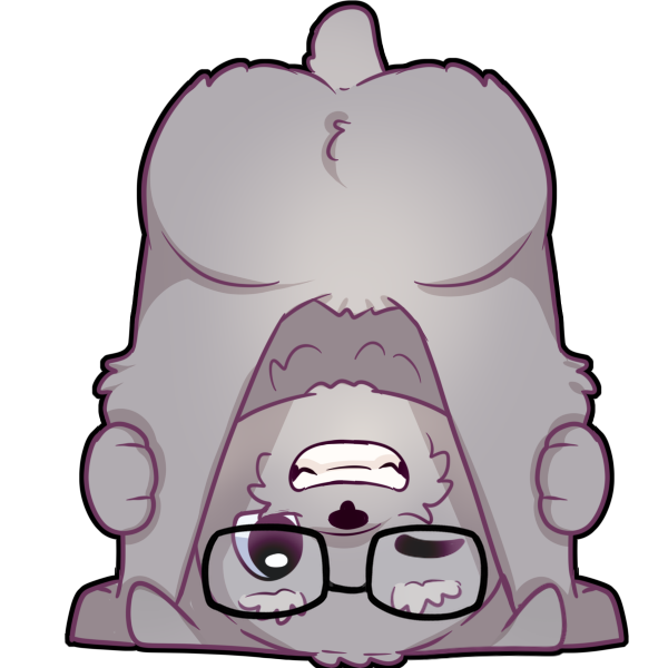 Cartoon dog emote with glasses, it's face upside down with a winking grin between it's hind legs and mooning it's but.