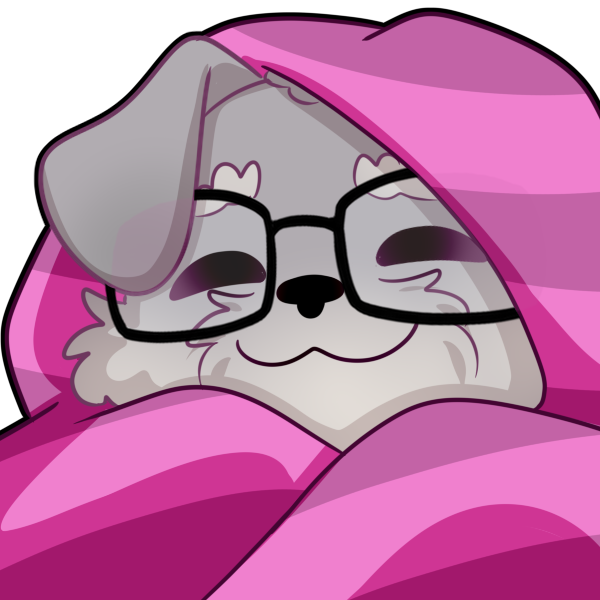 A cartoon illustration of a sleepy-looking dog with droopy eyes wearing glasses. The dog is wrapped in a bright pink striped blanket or covering, with only its face visible.