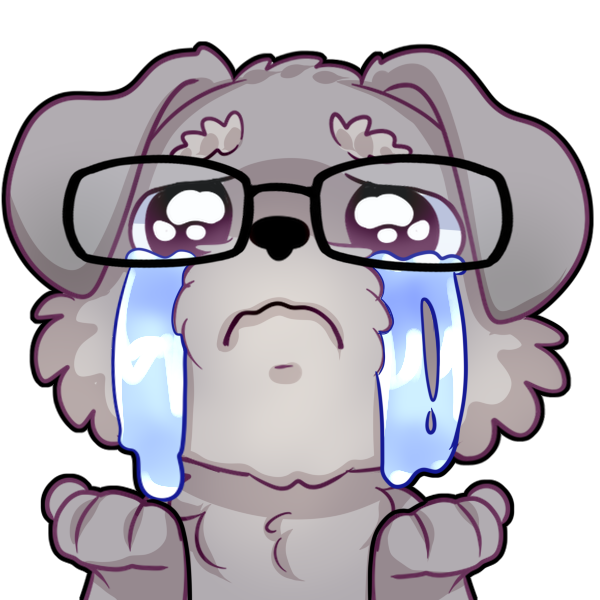 A cartoon dog with glasses is crying, with large tears streaming down its face.