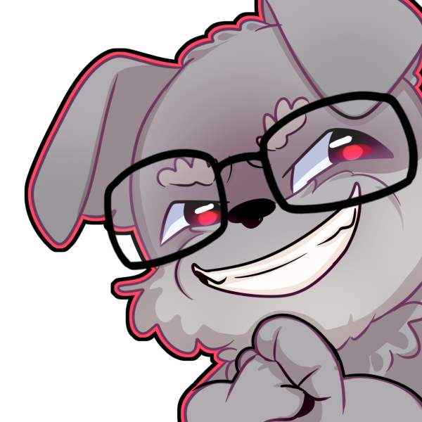 A cartoon dog emote with a mischievous grin. The gray dog wears glasses and has bright red eyes. Its expression is sly and knowing.