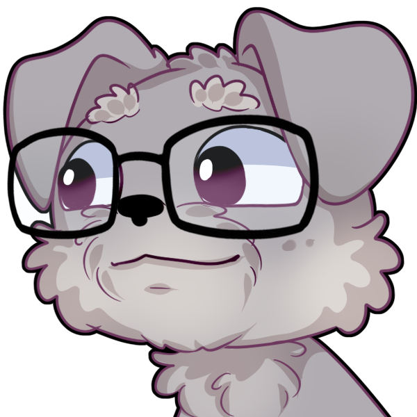 Cartoon dog emote wearing glasses with a subtle smirk, glancing to the side with a knowing expression.