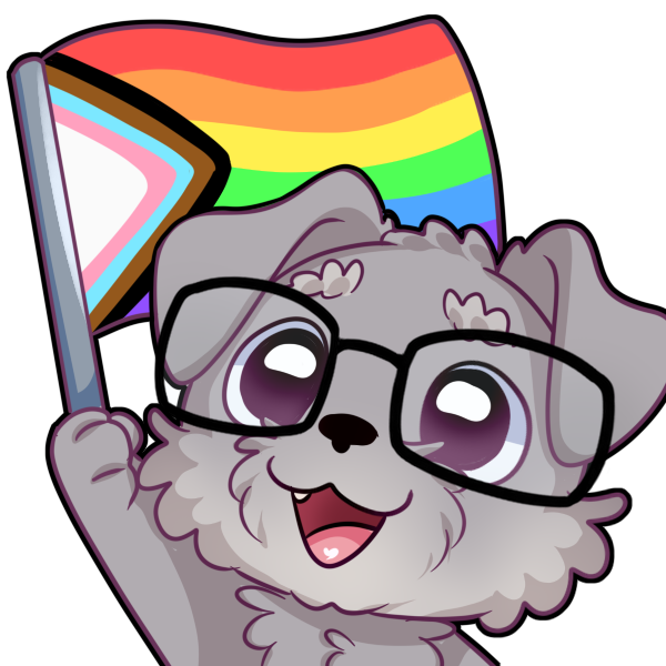 Mini schnauzer dog emote with glasses waving a progress flag and smiling.
