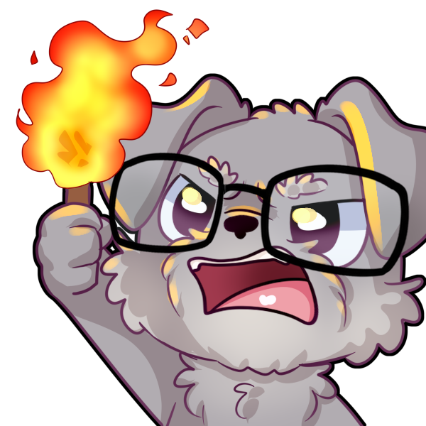 Cartoon dog emote wearing glasses, holding a flaming torch up in the air with an angry facial expression.