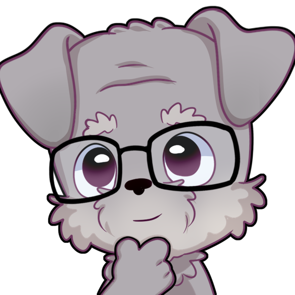 Dog emote with an extra large forehead and glasses holding it's chin with a paw and looking up to think.