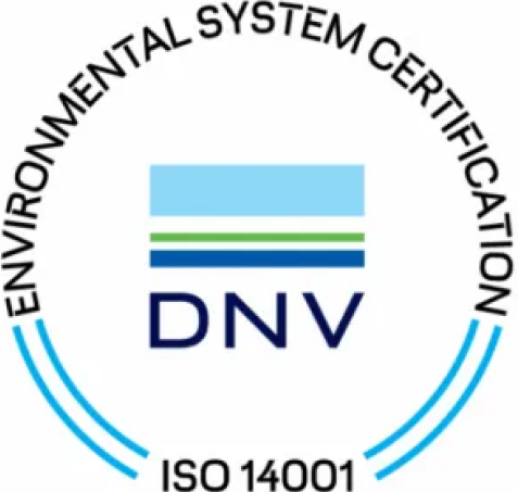 Logo certifikace ISO 14001 s textem ENVIRONMENTAL SYSTEM CERTIFICATION