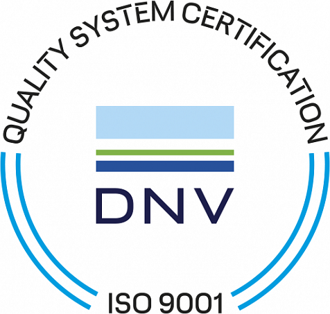 Logo certifikace ISO 9001 s textem QUALITY SYSTEM CERTIFICATION