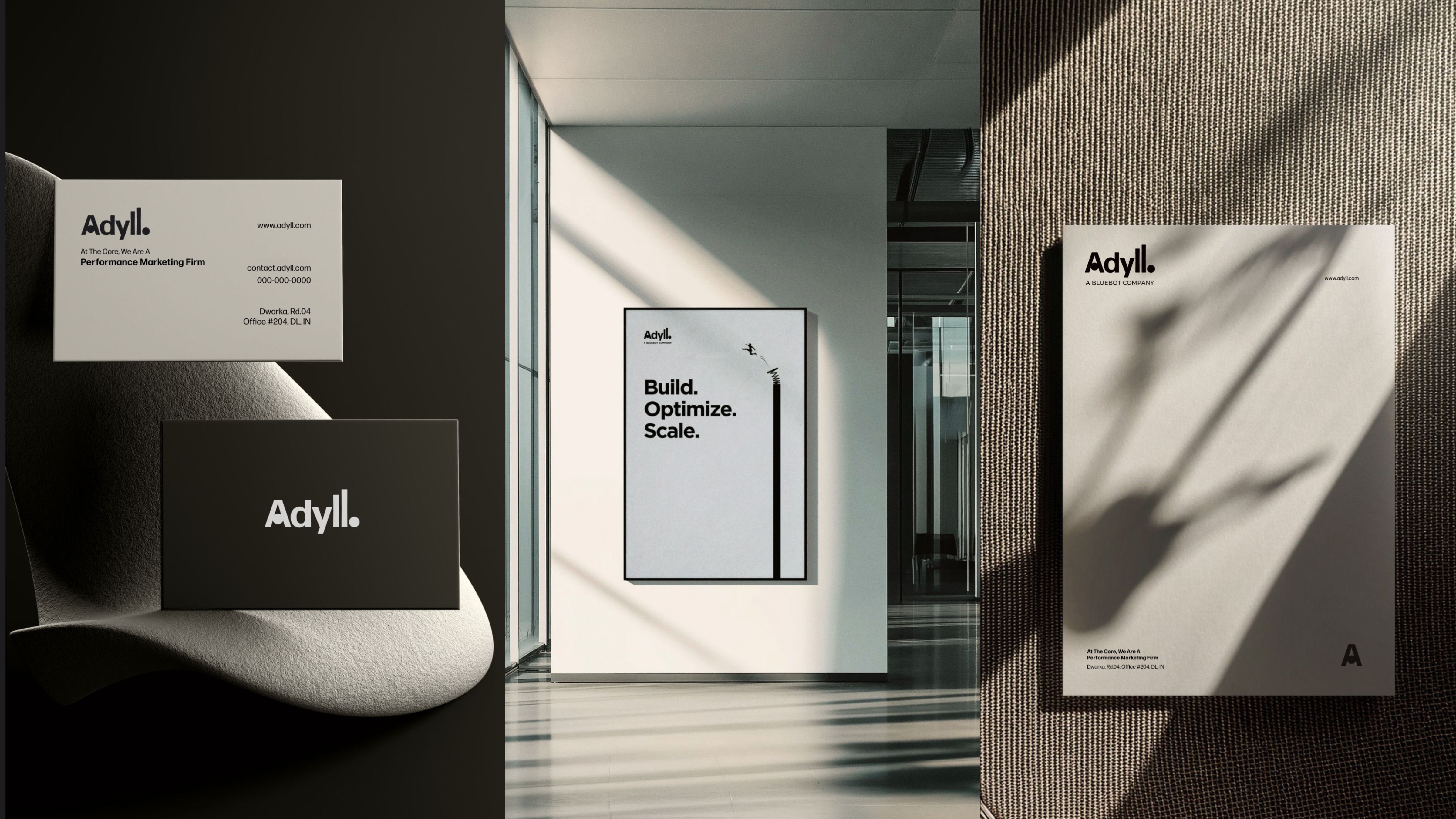 Adyll brand applications including business cards, stationery, environmental graphics, and a minimalist typography-led poster system.
