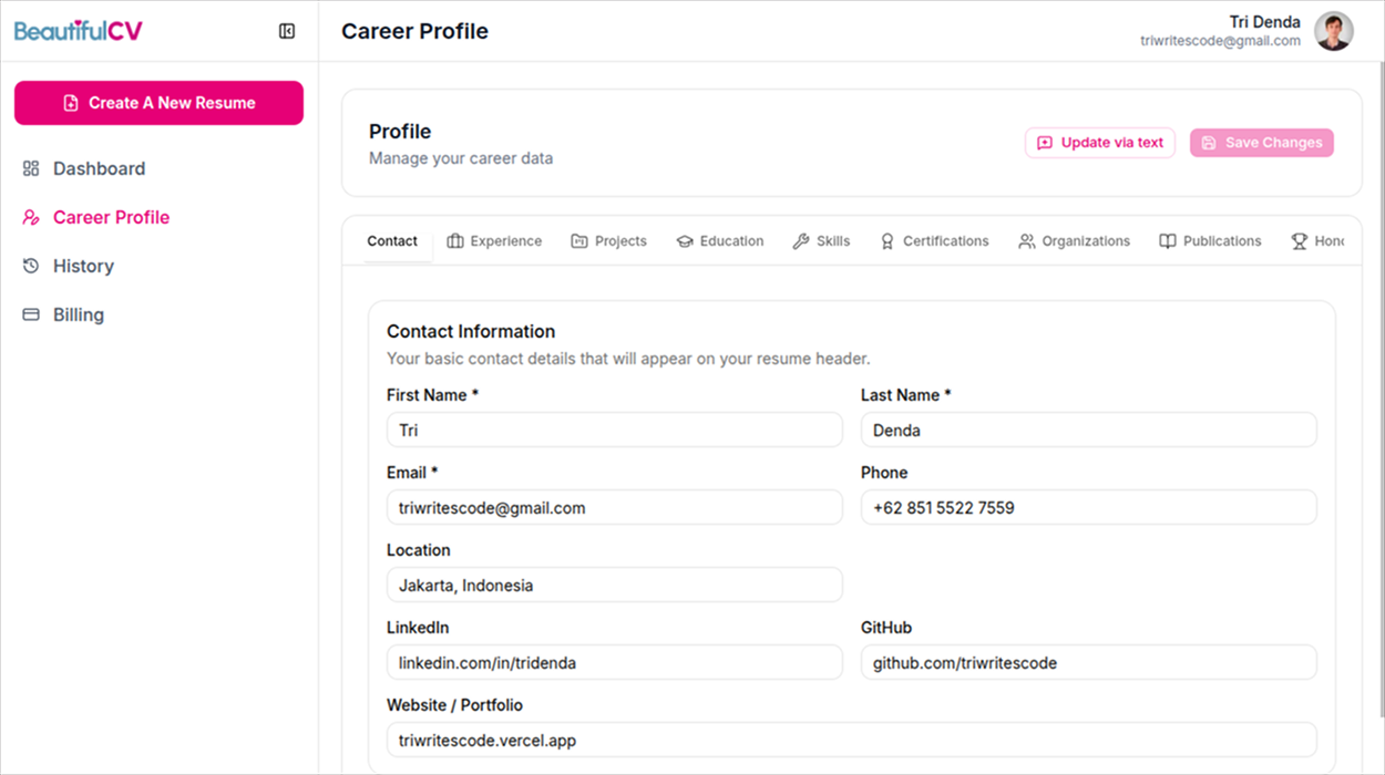 The Career Profile in BeautifulCV. One canonical store of contact details, experience, projects, skills, and certifications, and the source every resume pulls from.
