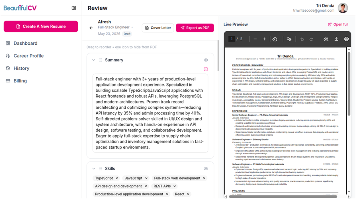 The glass-box review. Tailored resume on the right, the AI's reasoning on the left, every rewrite open to inspection and override before export.