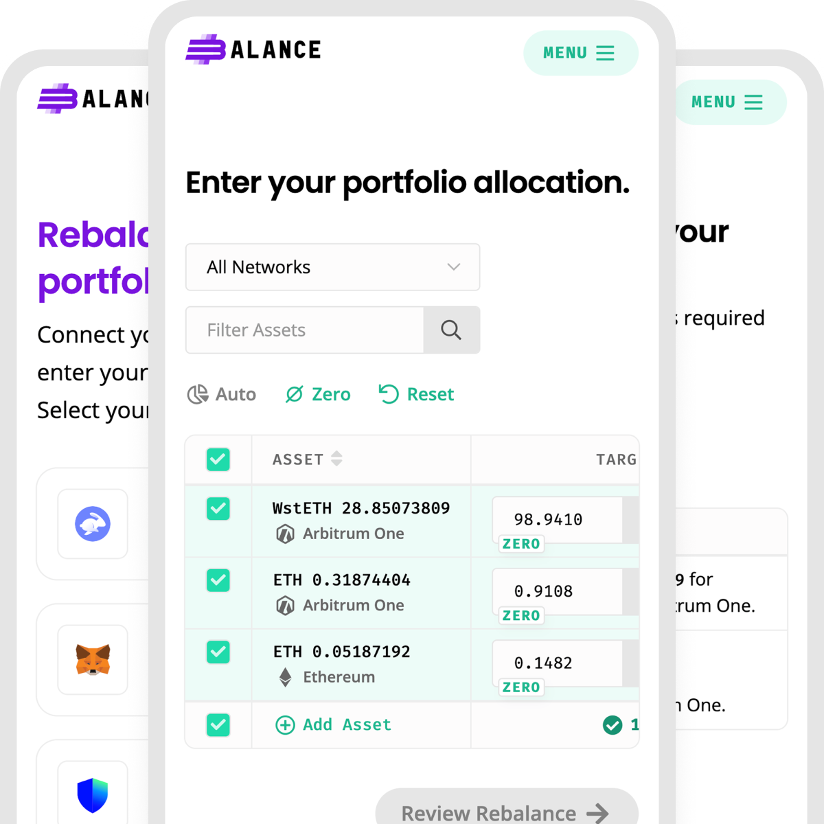 Screenshots of the 3Balance web application on portrait mobile devices, demonstrating how a user can connect their web3 wallet, enter their portfolio allocation and execute their rebalance.