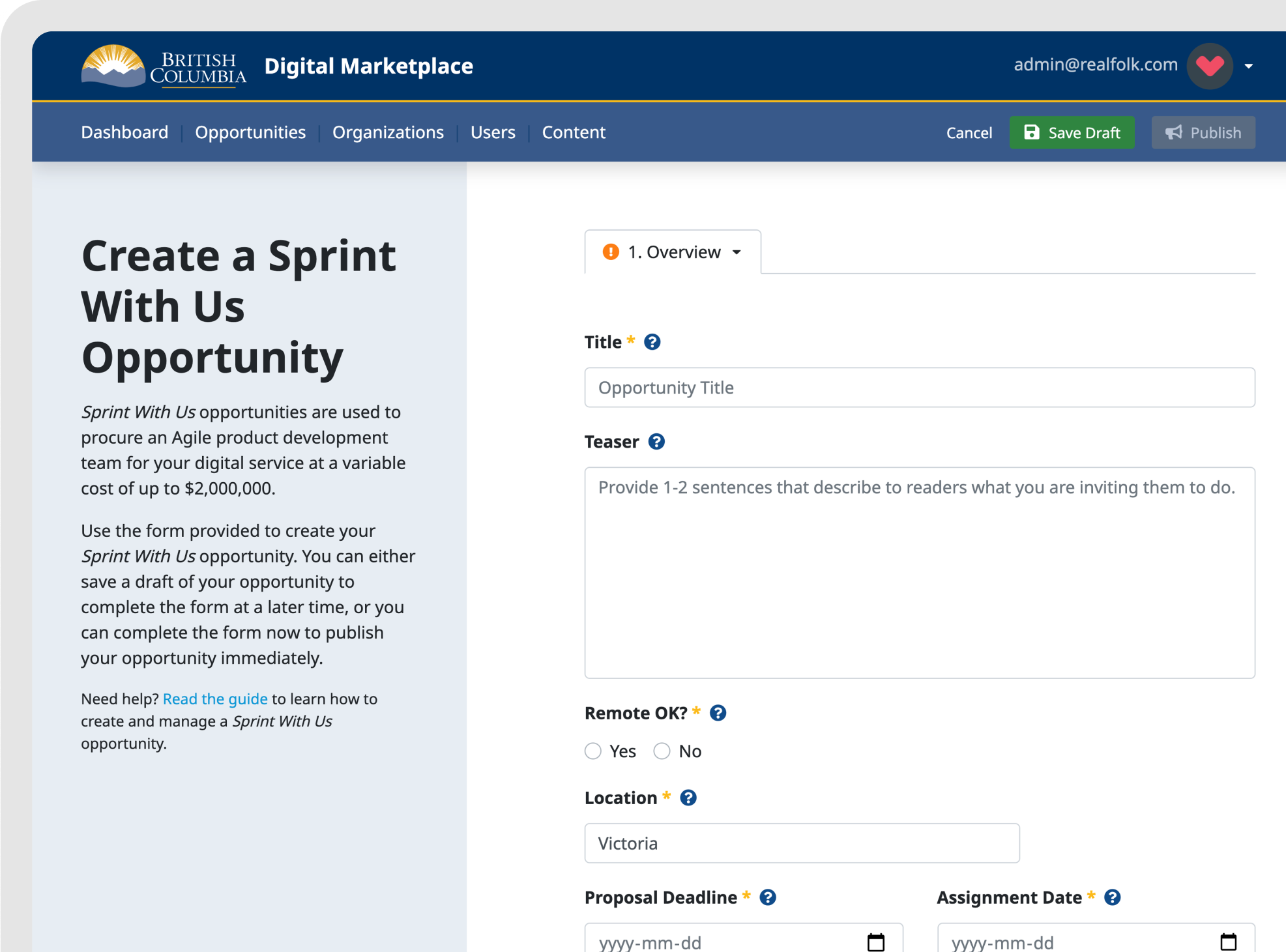 A screenshot of the Digital Marketplace web application, showing how an administrator can create a Sprint with Us opportunity.