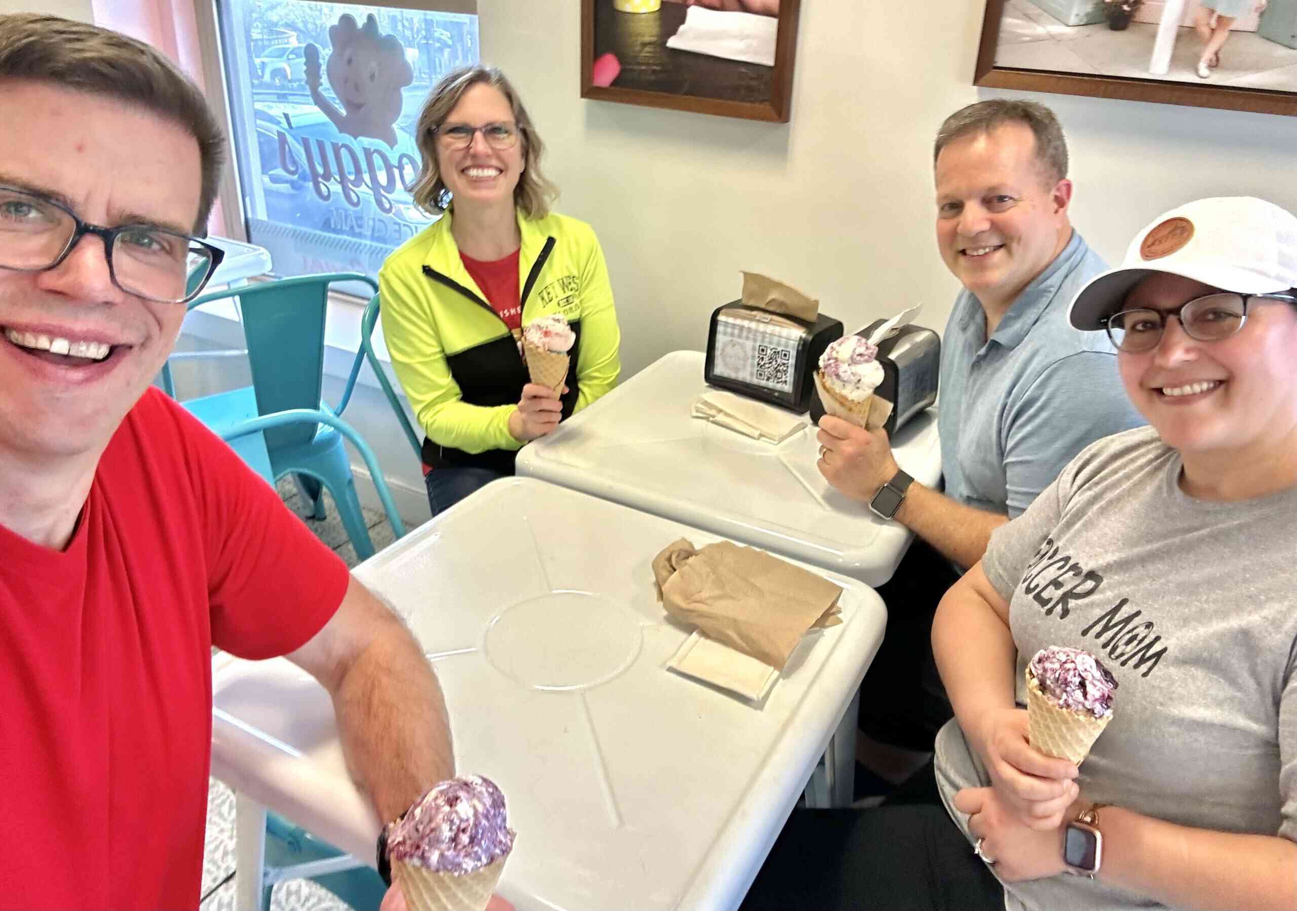 so Rex & Veronica, and Brad & I, took advantage of the beautiful weather and walked around the park, ate outside at one of our favorite restaurants in a neighboring town, and topped-off the evening with ice cream from Hoggy's (of course)!