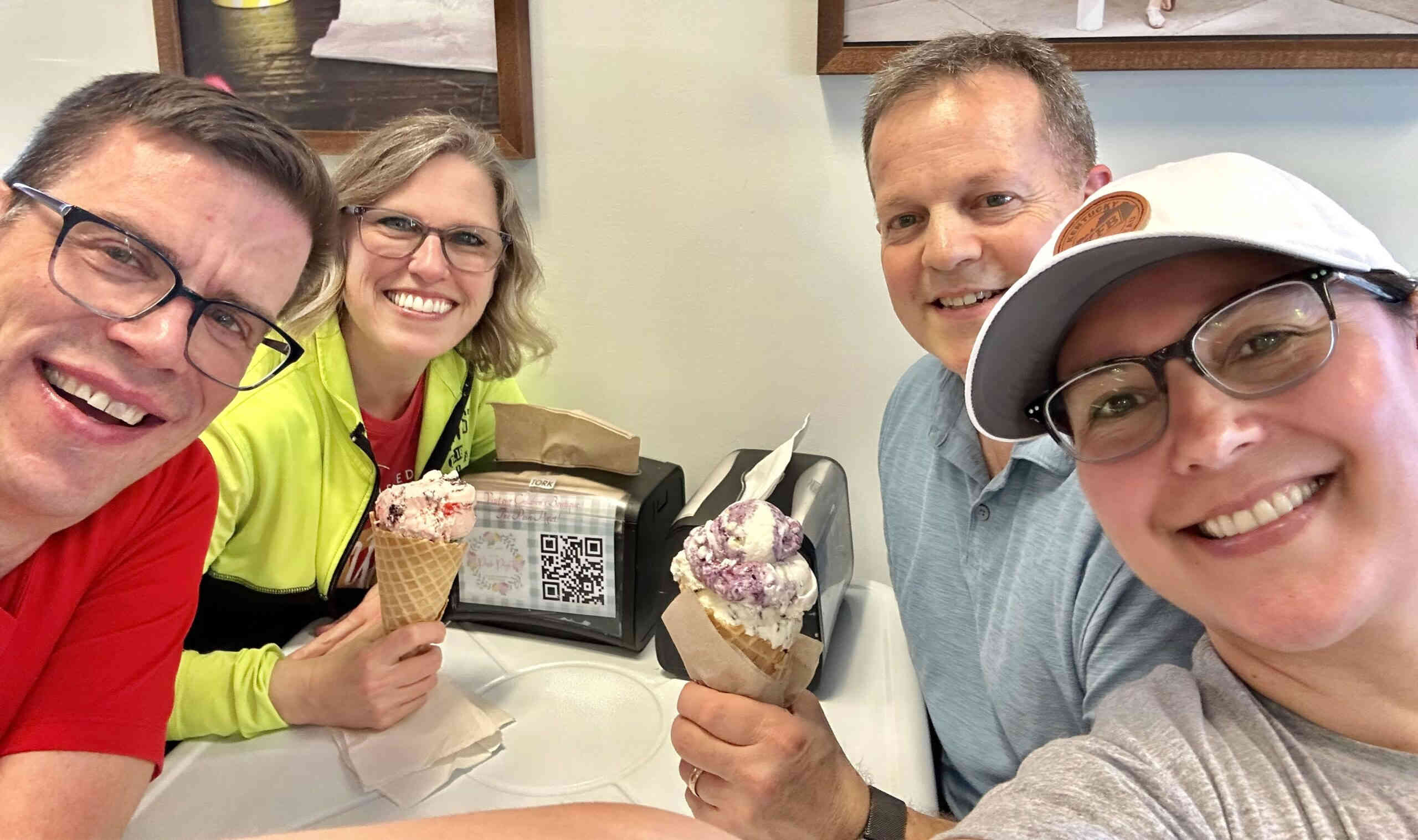 so Rex & Veronica, and Brad & I, took advantage of the beautiful weather and walked around the park, ate outside at one of our favorite restaurants in a neighboring town, and topped-off the evening with ice cream from Hoggy's (of course)!
