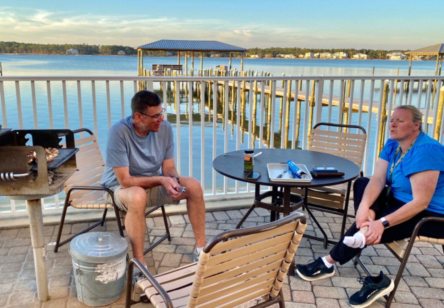Our AirB&B also had 24 hour security, and included an indoor pool, BBQ grills, and boat launch. Above pic, Brad and Becky are having a deep conversation while Brad grills some chicken for dinner.