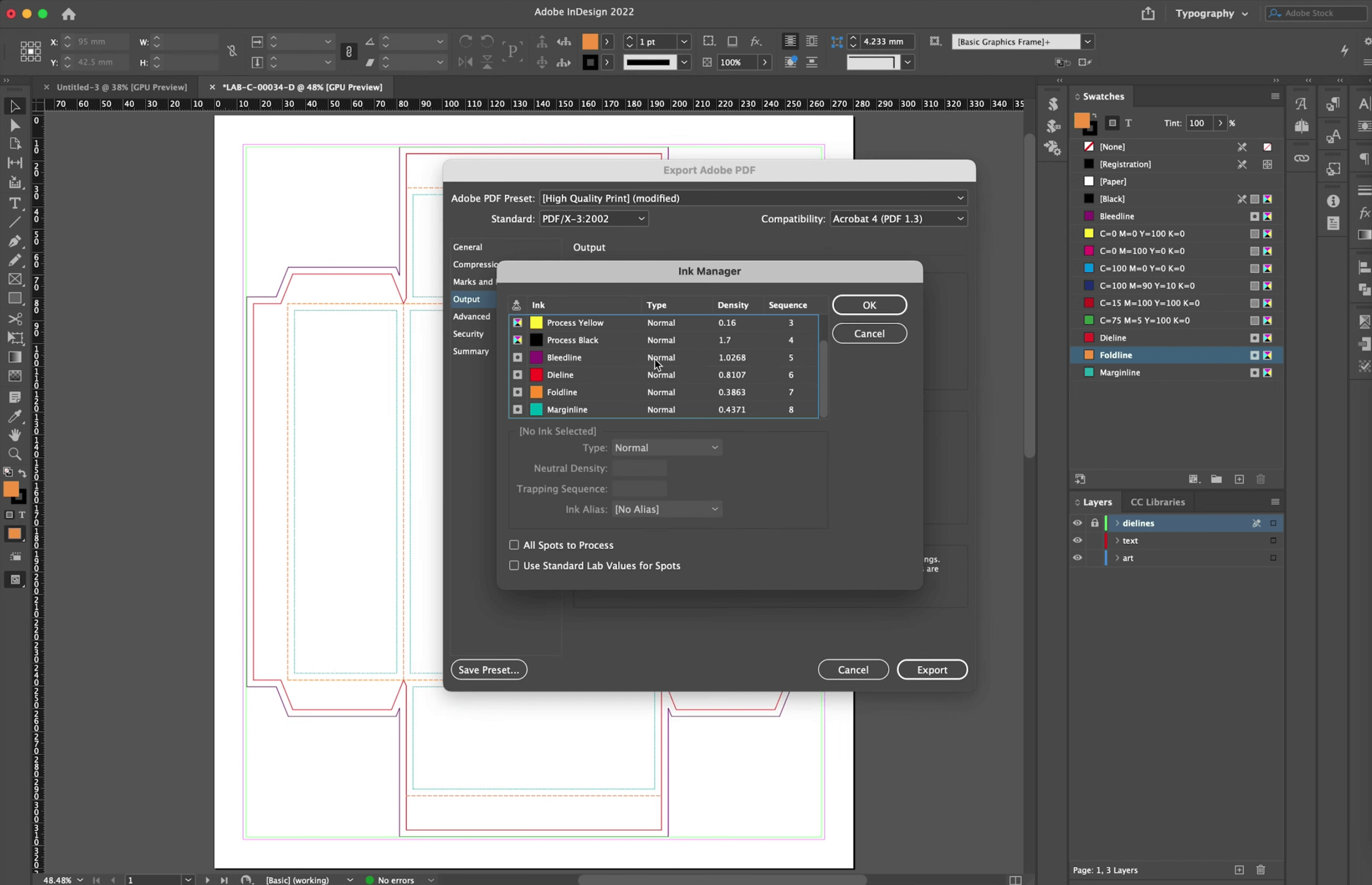 Screenshot: the Ink Manager pop-up in Adobe InDesign