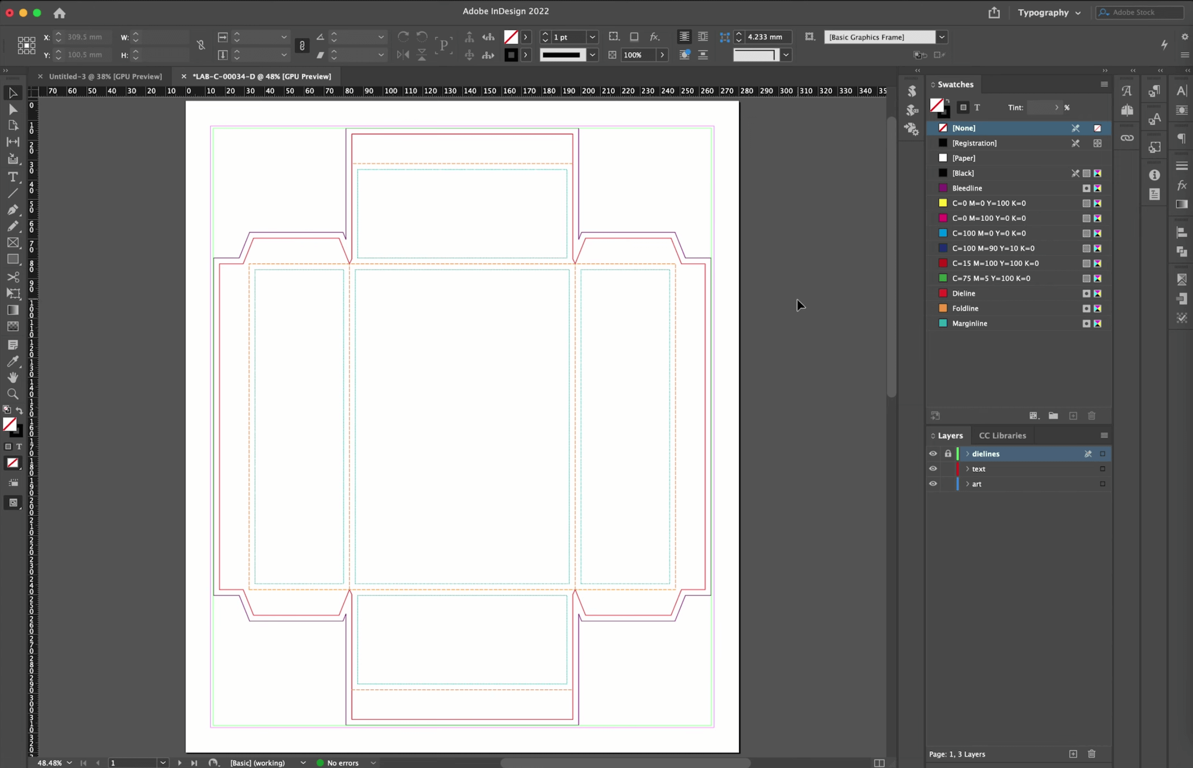 Screenshot: an open template in the Adobe InDesign interface