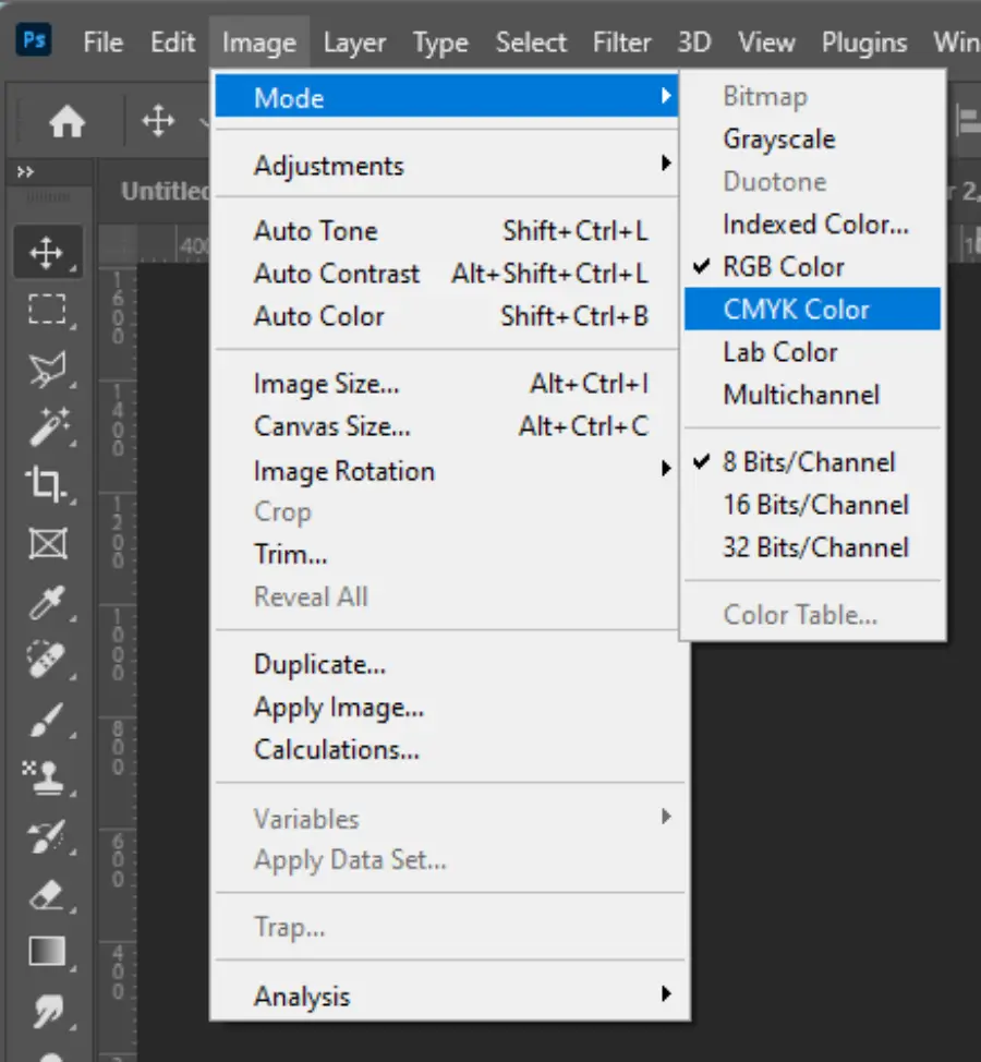 Location of the colour mode settings in Adobe Photoshop 25 on Windows.